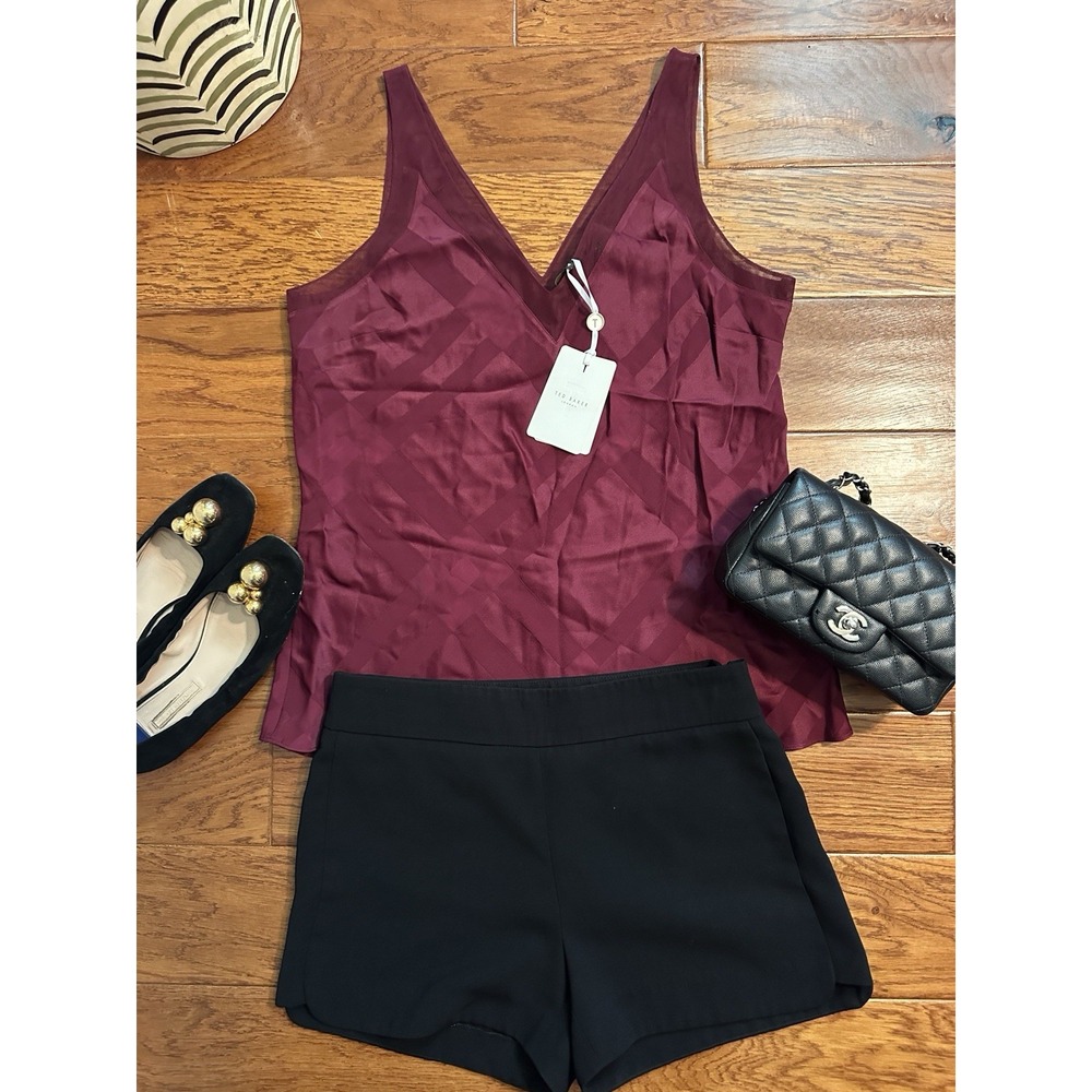 NWT Ted Baker Elten Check Cami Tank Top Size 4 Oxblood Red Burgundy Mesh V
